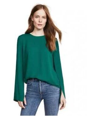 Theory Emerald Green Long-Sleeve Blouse 100% silk‎ GGT size P/XS